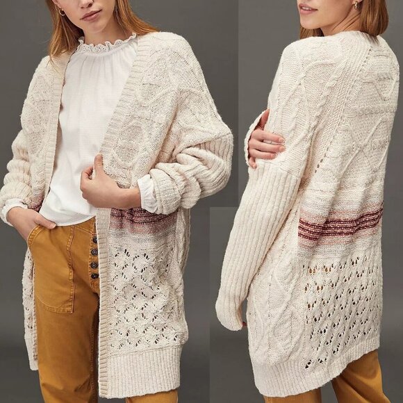 Anthropologie Pilcro Jemma Cable Open Knit Cardigan XS/S Longline Oversized $148 - Picture 4 of 16
